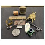 Assorted Collectibles and Hardware Lot Including John Deere Memorabilia, Dutch Boy Solder Paperweight, and Decorative Metal Pieces