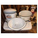 (2) Enamel diaper pales. (One with lid) One enamel mixing bowl. Lid for a giant enamel can.
