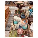 Mixed Decorative Art and Collectibles Box Lot with Ceramic Figures, Hand Mirror, and Glassware