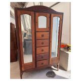 Wooden Wardrobe Armoire with Central Drawers and Mirrored Doors