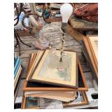 Mixed Lot of Framed Prints, Art Supplies, and Accent Lamp
