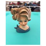 Ceramic Lady Head Vase Planter with Blonde Hair and Blue Dress