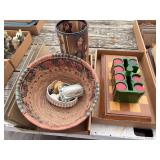 Mixed Lot of Collectibles Including Chess Set, Bakelite Poker Chips, Woven Basket, and Small Ornaments