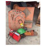 Assorted Shop Equipment Lot Featuring Sunburst Eagle Mining Headlamp System, Fram Tool Display Board, Klein Tools Display, and Lear Siegler Battery Charger