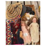Mixed Collection of Dolls, Beaded Purses, Textures, and Hats