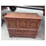 Carved Wooden Cedar Chest with Two Bottom Drawers and Star Inlay