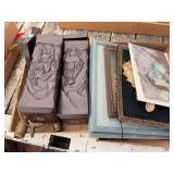 Assorted Collectibles Box Lot with Carved Wood Lamp Bases and Framed Art