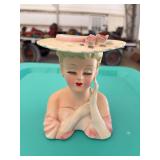 Ceramic Lady Head Planter Vase with Pink Hat and Floral Accents
