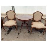 Round Wooden Table and Two Upholstered Armchairs Set