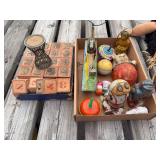 Collection of Assorted Toys and Games Including Lithographed Wooden Blocks, Tin Wind-up Toys, and Glass Ornaments