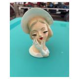 Ceramic Lady Head Planter Vase with Hat and Gloved Hand