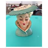 Ceramic Lady Head Vase Planter with Green Hat and Pearl Earrings