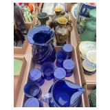 Assorted Decorative Art Glass and Cloisonne Pieces Including Cobalt Pitcher Set and Floral Vases