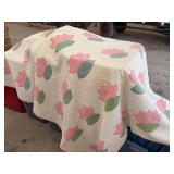 Handmade Quilt with Pink and Green Floral Applique and Diamond Stitching