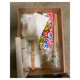 Assorted Automotive Decals, Patches, and Glass Bottles with Wooden Inserts