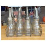 Glass Motor Oil Bottles with Metal Spouts and Wire Carrier
