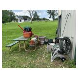 Garden Tools, Planters, Hose Reels, and Picnic Table