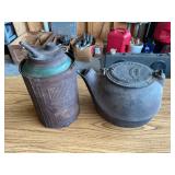 Cast Iron Kettle and Conoco Oil Can Lot