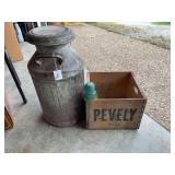 Metal Milk Can, Pevely Wooden Crate, and Glass Insulator