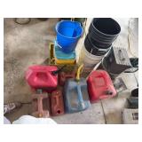 Assorted Fuel Cans, Buckets, and Storage Bins