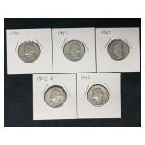 1941-1943 Washington Quarter Set of 5 Coins