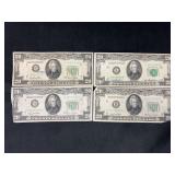 Lot of 4 1950 Federal Reserve Notes Twenty Dollars
