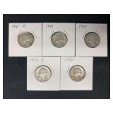 Various Years Washington Quarters - 5 Coins