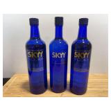 Three Skyy Vodka Cobalt Blue Glass Bottles