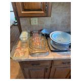 Large Assortment of Pyrex and Fire-King Glass Bakeware, Mixing Bowls, and Measuring Cups