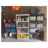 Garage Storage Lot with Shelving Units, Air Compressor, and Organizers