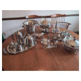 Assorted Silver Plated Serveware Collection Including Tea Set, Casserole Dishes, Wine Bucket, and Condiment Cruets