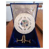 Carved Marble Decorative Plate with Floral Inlay and Presentation Box