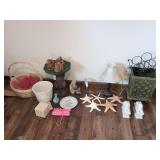 Assorted Home Decor and Collectibles Lot including Starfish, Table Lamp, Planters, and Figurines