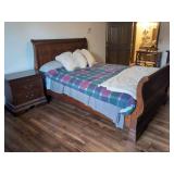 Wooden Sleigh Bed Frame with Mattress and Nightstand