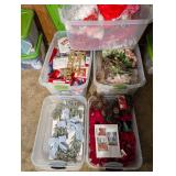 Assorted Holiday Decorations and Artificial Floral Arrangements in Plastic Storage Bins