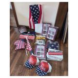 Assorted Patriotic Flags, Bunting, Hats, and Memorial Items Lot