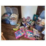 Large Assortment of Collectible Dolls, Barbie Outfits, Muffy VanderBear Apparel, and Storage Bins