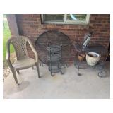 Patio Furniture and Garden Decor Lot with Rolling Cart and Table