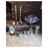 Assorted Home Decor and Figurines Collection Including Owls, Birds, Candlesticks, and Floral Arrangements