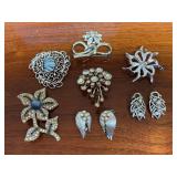 Costume Jewelry Grouping of Rhinestone Brooches and Clip-On Earrings