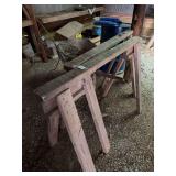 Lot of Wooden Sawhorses, Wheelbarrow, Marathon Barrel, and Tarps