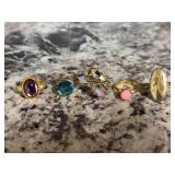 Assorted Gold-Tone Costume Rings with Colored Stones and Monogram, Lot of 5