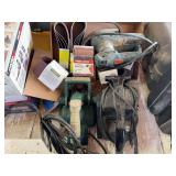 Assorted Power Tools and Sanding Belts Lot including Craftsman Belt Sander, Masterforce Planer, Storm Sander, and Extra Belts