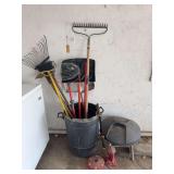 Assorted Yard and Garden Hand Tools Lot with Rakes, Shovels, and Pruners