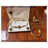 Assorted Gold Tone Costume Jewelry Collection Including Cameo Set By Lang and Pell Pocket Watch