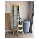 Lot of Two Ladders and Rubbermaid Trash Can