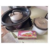Kitchen Cookware and Gadget Assortment Including Roasting Pans, Stock Pot, Kettle, and Vidalia Chop Wizard
