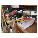 Assorted Workbench Lot with Hand Tools, Tool Bags, Step Ladder, and Storage Containers
