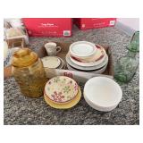 Assorted Mixed Tableware Lot Featuring Amber Canister and Green Decanter
