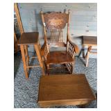 Oak Rocking Chair with Carved Backrest and Matching Footstool Storage Box